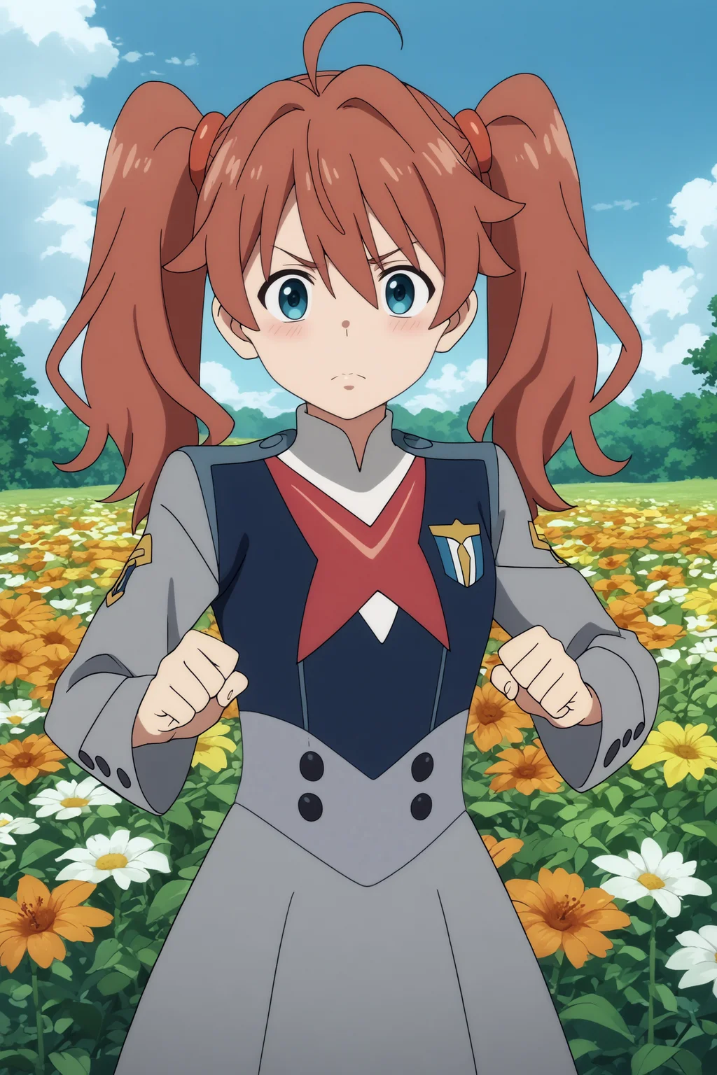 kokoro,1girl,solo,long hair,twintails,ahoge,uniform,military,military_uniform,long hair,paw_pose,cowboy shot BREAK outdoors,blue sky,cloudy_sky,orange flower,flower field,tree <lora:Miku_-_Darling_in_the_franxx.safetensors:0.8> <lora:detailed_backgrounds_v2.safetensors:0.5>