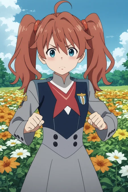 kokoro,1girl,solo,long hair,twintails,ahoge,uniform,military,military_uniform,long hair,paw_pose,cowboy shot BREAK outdoors,blue sky,cloudy_sky,orange flower,flower field,tree <lora:Miku_-_Darling_in_the_franxx.safetensors:0.8> <lora:detailed_backgrounds_v2.safetensors:0.5>