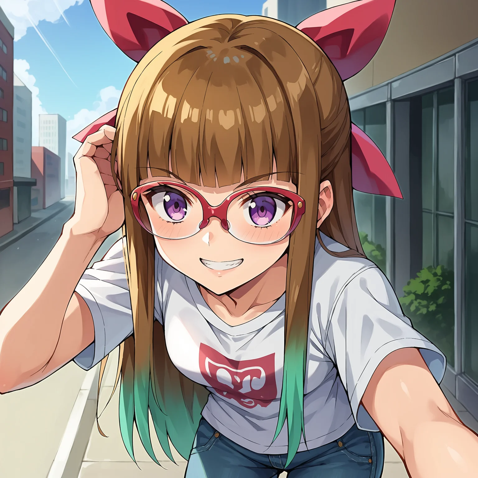 score_9, score_8_up, score_7_up, score_6_up, score_5_up, score_4_up, BREAK source_anime,POV,city,outdoor,smile,standing, <lora:Oudou_Yuamu_V1:1>Oudou_Yuamu, brown hair, blunt bangs, long hair,Gradient hair from brown to green,purple eyes, red glasses, red bow, hair bow,white t-shirt,short sleeves,jeans,denim,small breasts