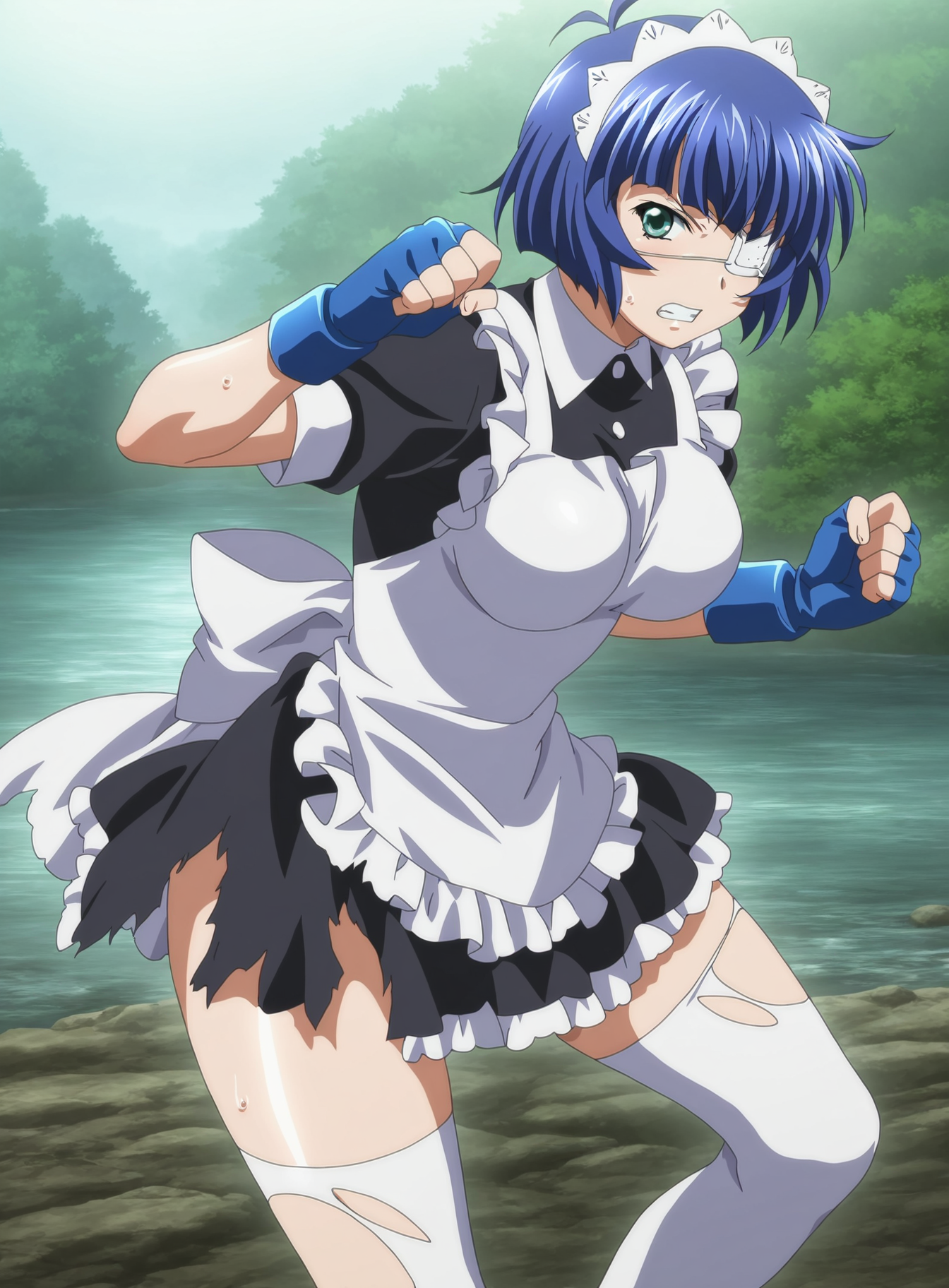 (masterpiece), (best quality), (intricate details, very aesthetic), absurdres, highres, cinematic light, 1girl, <lora:anime_screencap:1> anime screencap, anime coloring, ryomou shimei, ikkitousen, newest, 2023, blue hair, short hair, medical eyepatch, maid apron, maid, short dress, black dress, white thighhighs, fighting stance, looking at viewer, torn clothes, torn thighhighs, torn dress, outdoors, river, nature, sweat, clenched teeth, v-shaped eyebrows,  blue gloves, fingerless gloves,