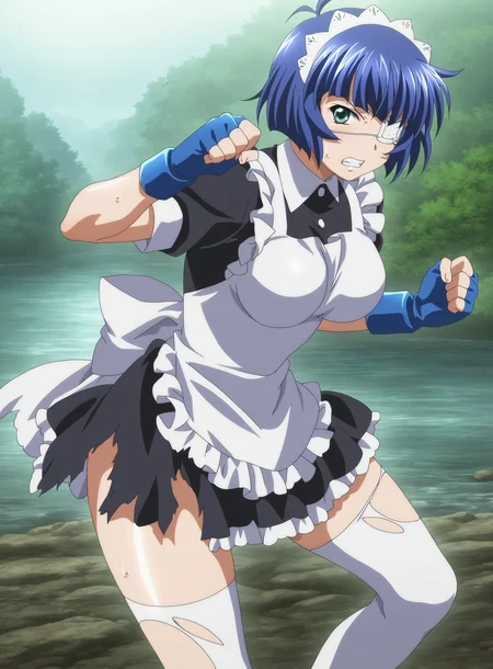 (masterpiece), (best quality), (intricate details, very aesthetic), absurdres, highres, cinematic light, 1girl, <lora:anime_screencap:1> anime screencap, anime coloring, ryomou shimei, ikkitousen, newest, 2023, blue hair, short hair, medical eyepatch, maid apron, maid, short dress, black dress, white thighhighs, fighting stance, looking at viewer, torn clothes, torn thighhighs, torn dress, outdoors, river, nature, sweat, clenched teeth, v-shaped eyebrows,  blue gloves, fingerless gloves,
