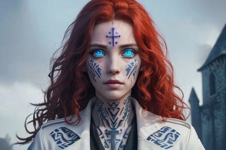 bright red hair, human female, (feminine:1.7), (beautiful face, detailed face:1.6), (beautiful eyes, detailed eyes:1.7), (looking at viewer, eye contact, intense:1.6), (long hair, red hair, curly hair:1.3), , ((masterpiece, best quality, high resolution, realistic, best quality,)), photo realistic, Perfect Face, (detailed face). <lora:GoodHands-vanilla:0.6> <lora:add-detail-xl:0.8>, mage, (Dress White military uniform coat), dagger, rune dagger, glowing runes, , (((glowing magic symbols tattoos, religious tattoos))), ((face tattoos)), glowing tattoos, stone tower in the background