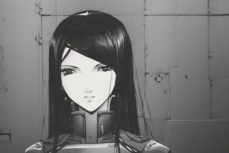 ((female portrait)), heavy contrasts black and white, <lora:Blame!:1>