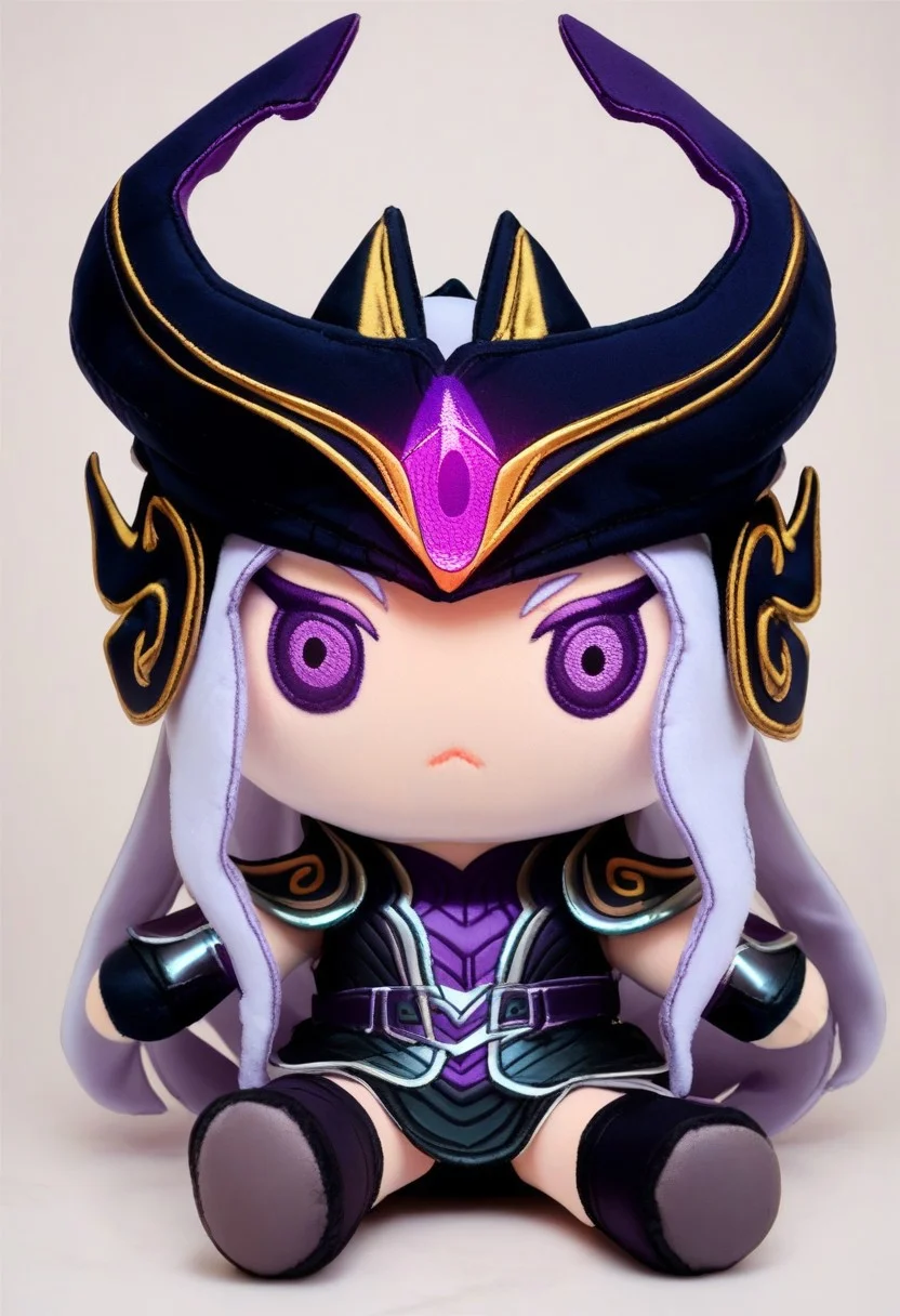 score_9,score_8_up,score_7_up BREAK <lora:plushie:1>,plushieSDXL,solo,chibi,white background,sitting,syndra, white_hair, purple_eyes