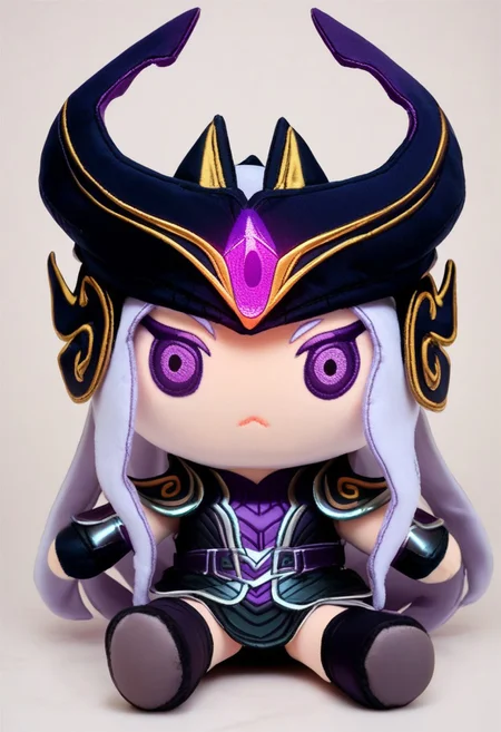 score_9,score_8_up,score_7_up BREAK <lora:plushie:1>,plushieSDXL,solo,chibi,white background,sitting,syndra, white_hair, purple_eyes