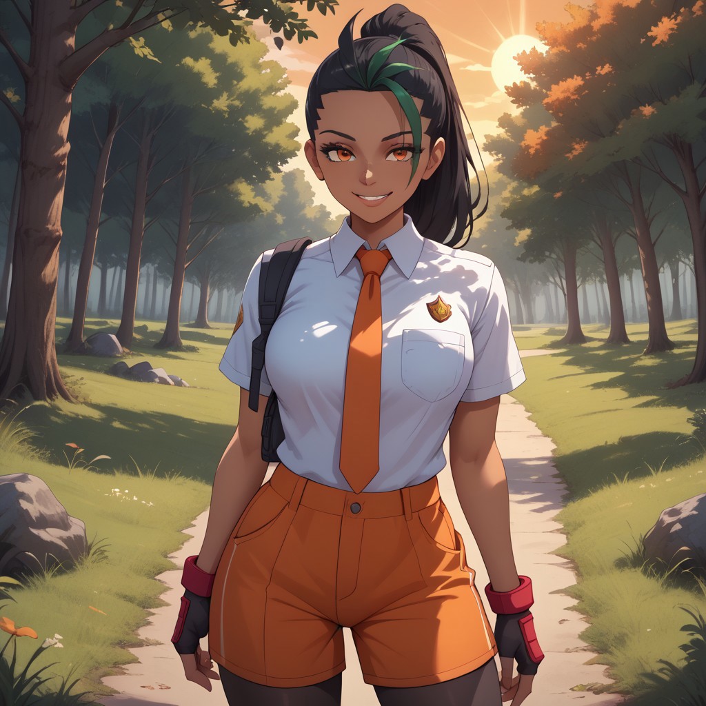 score_9, score_8, BREAK, 1girl, solo, nemona (pokemon), smile, black hair, two-tone hair, dark skin, dark skin female, orange eyes, naranja academy school uniform, white shirt, orange necktie, single glove, fingerless gloves, orange shorts, pocket, black pantyhose, red footwear, sexy pose, self portrait, smile, outdoors, sunlight, shadows, evening lighting, natural lighting, forest, trees, grass, orange sky, sunset
