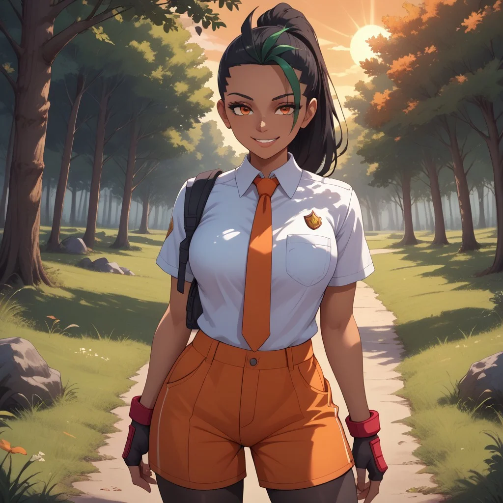 score_9, score_8, BREAK, 1girl, solo, nemona (pokemon), smile, black hair, two-tone hair, dark skin, dark skin female, orange eyes, naranja academy school uniform, white shirt, orange necktie, single glove, fingerless gloves, orange shorts, pocket, black pantyhose, red footwear, sexy pose, self portrait, smile, outdoors, sunlight, shadows, evening lighting, natural lighting, forest, trees, grass, orange sky, sunset