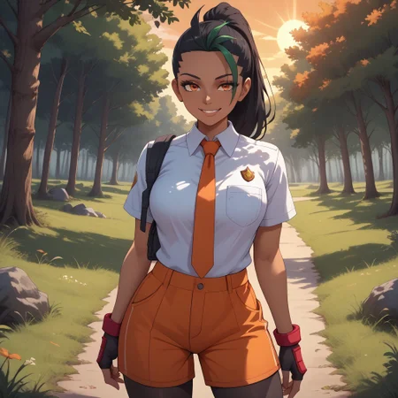 score_9, score_8, BREAK, 1girl, solo, nemona (pokemon), smile, black hair, two-tone hair, dark skin, dark skin female, orange eyes, naranja academy school uniform, white shirt, orange necktie, single glove, fingerless gloves, orange shorts, pocket, black pantyhose, red footwear, sexy pose, self portrait, smile, outdoors, sunlight, shadows, evening lighting, natural lighting, forest, trees, grass, orange sky, sunset