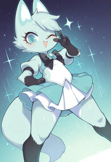 (absurdres, masterpiece, best quality), by Rikose,
1girl, solo, dynamic angle, sparkly background,
Slushi, mint fur, feral, fox, furry, looking at viewer, paws, magical girl outfit, skirt, standing, hand on hip, smile, peace handsign, wink, one eye closed, open mouth, wide stance, legs apart