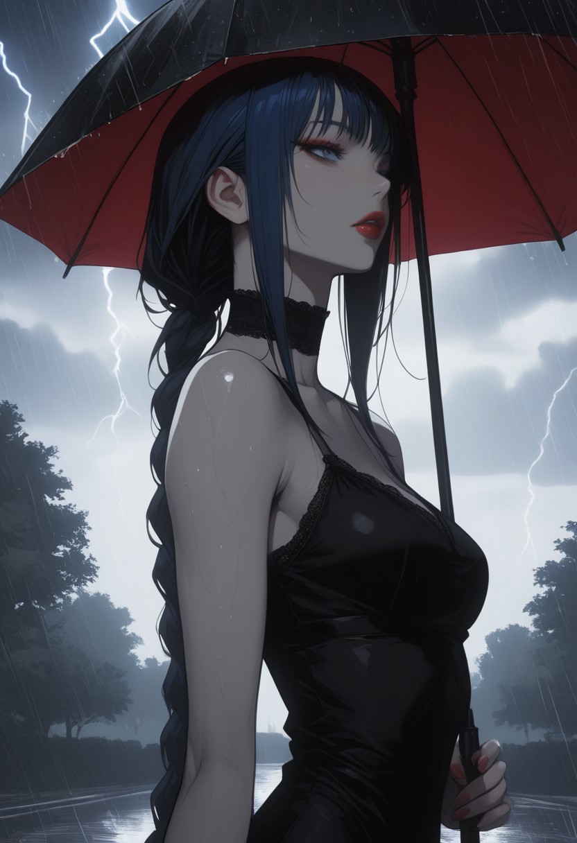 masterpiece, best quality, amazing quality, very aesthetic, detailed eyes, perfect eyes, realistic eyes, 
1woman, dark blue hair, ((hair in long single braid)), (((very long braid))), absurdly long hair, blue eyes, ((slim body)), fit slim, (small breasts), fair skin, dynamic angle, red lipstick, close up, portrait, face focus, headshot, partial side view, CCD
Wearing slender black dress, short dress, 
Sitting in a park, holding an umbrella above her, 
Heavy rain, dark stormy clouds, lightning, extremely dark,