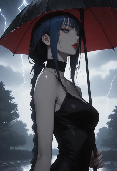masterpiece, best quality, amazing quality, very aesthetic, detailed eyes, perfect eyes, realistic eyes,
1woman, dark blue hair, ((hair in long single braid)), (((very long braid))), absurdly long hair, blue eyes, ((slim body)), fit slim, (small breasts), fair skin, dynamic angle, red lipstick, close up, portrait, face focus, headshot, partial side view, CCD
Wearing slender black dress, short dress,
Sitting in a park, holding an umbrella above her,
Heavy rain, dark stormy clouds, lightning, extremely dark,