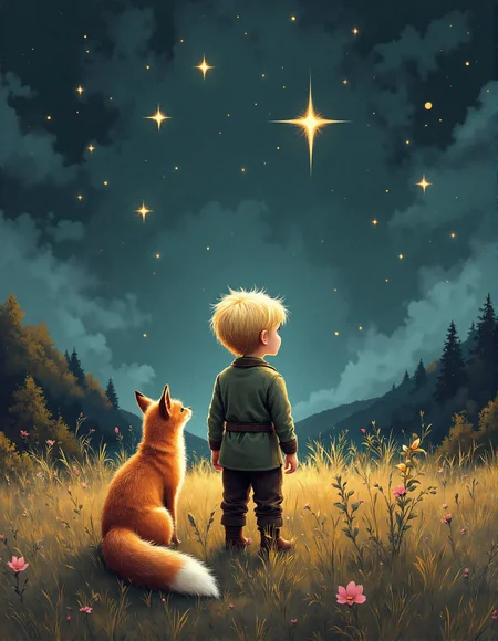 A digital painting in a painterly style, reminiscent of a vintage photograph, depicting a young boy with blond hair and light skin from behind. He is wearing a muted green tunic and dark brown pants, standing in tall, muted gold grass.  Beside him sits a fox with orange fur, its fur rendered with soft, diffused lighting.  The boy and fox gaze upward at a night sky filled with stars of varying sizes and intensities, rendered with a slightly grainy texture. The overall color palette is muted and earthy, with warm browns, greens, and soft pinks. The lighting is soft and diffused, creating a dreamy, ethereal atmosphere. The scene is set on a gently sloping hill, with atmospheric perspective creating depth. The style is detailed but not hyperrealistic, emphasizing mood and feeling. The image has a slightly desaturated, vintage look, <lora:aidmaFLuxPro1.1_v0.3:0.7>, <lora:aidmaMJ6.1_v0.5_3:0.7>