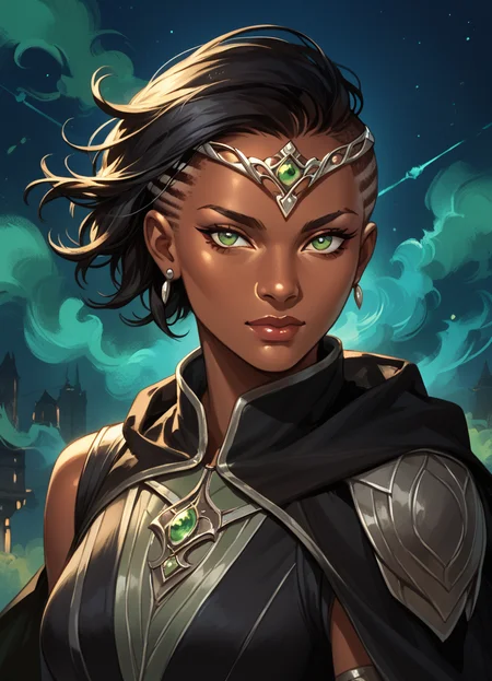 score_9, score_8_up, score_7_up, score_6_up, score_5_up,
1girl, solo, green eyes, dark-skinned female, dark skin, black hair, sidecut, circlet,
dark cloak, night, dark, hood,
abstract background, dynamic, masterpiece, best quality, sharp_details, game_cg
<lora:Vivien_Reid_-_Magic_the_Gathering:1>