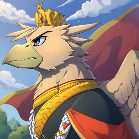 masterpiece, score_9_up, score_8_up, score_7_up, score_6_up, (best quality:1.1), ultra-detailed, high resolution, solo, Grover_VI, griffon, feral, avian, beak, male, eyebrows, blue eyes, feathers, wings, feathery ears, determined expression, military royal clothes, kaiser crown, detailed facial features, portrait, upper body, expressiveh, simple background, highly visible, sharp focus, anatomically correct