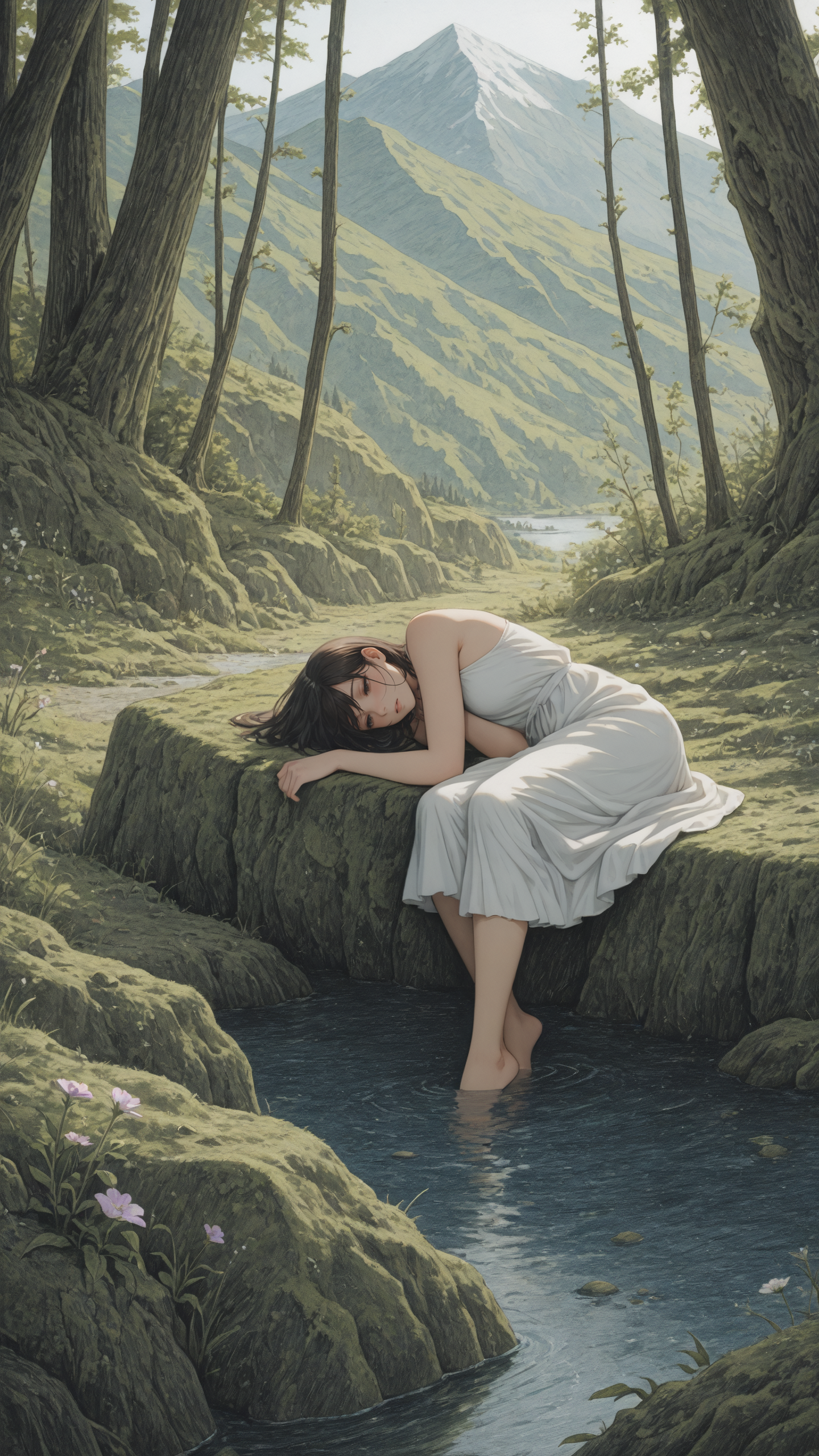 masterpiece, best quality,(linear hatching:1.2), (faux traditional media:1.2), (colored pencil \(medium\):1.4)
1girl, mountain summit, white dress, exhausted, moss, wild flower,