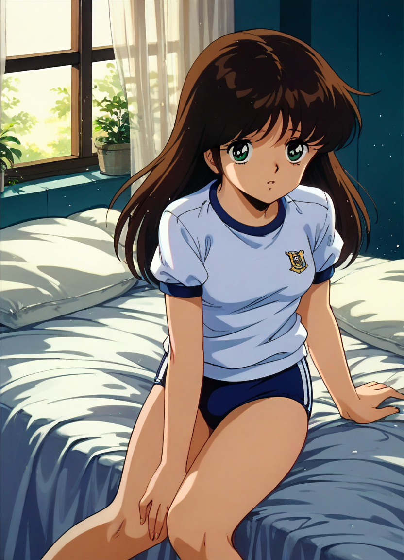 score_9, score_8_up, score_7_up, masterpiece, best quality, very aesthetic, absurdres, official art, official style, anime screencap, megami magazine, zPDXL2, zPDXLxxx, rating_safe, sfw, 1980s \(style\), retro artstyle <lora:Cream Lemon Nonomura Ami Pony v1_epoch_10:1.0>, 1girl, solo focus, cream_ami, (medium breasts:1.2), green eyes, BREAK, brown hair, bangs, BREAK, (buruma:1.3), gym uniform, 4fingers, 1thumb, <lora:neg4all_bdsqlsz_xl_V91:1.0> <lora:ALTXL_pony_0061_8:2.0>, <lora:Difference_SaturationEbaraPonyCoolTemperatureV2_1e04:1.0>, bedroom, on bed, (wariza:1.5), bed sheet, pillow, dim lighting, light particles, detailed background, detailed background,