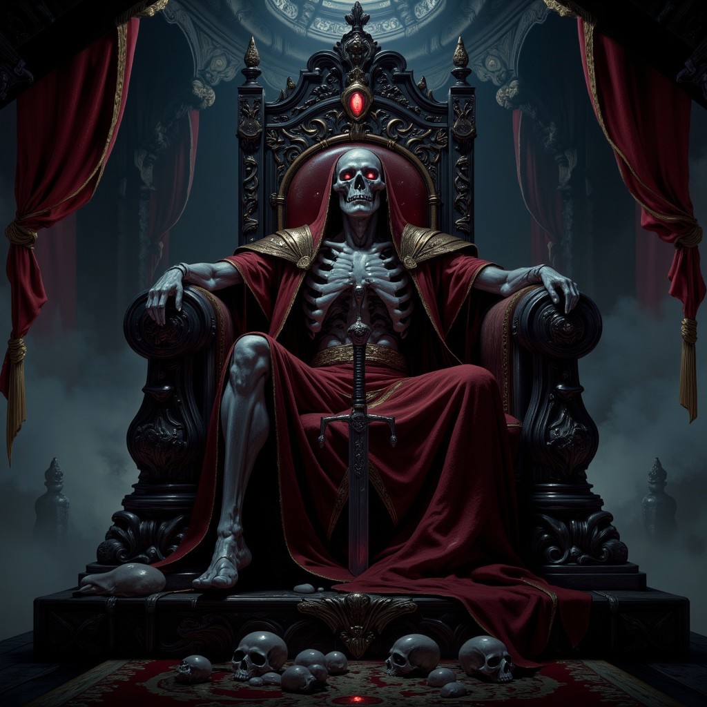 This dark fantasy image features a skeleton king sitting on his throne, He has a red glowing emerald on his right eye and he is wearing a red kings robes, he is laying on his throne and his whole body is tubes rising above ceiling, he has a giant sword on his lap, his giant throne standing over skulls with lots of other details, giving it to a scary image, whole image captures a dark gothic scene from a fantasy novel, image taken from front, aidmaGlow, aidmaimageupgrader