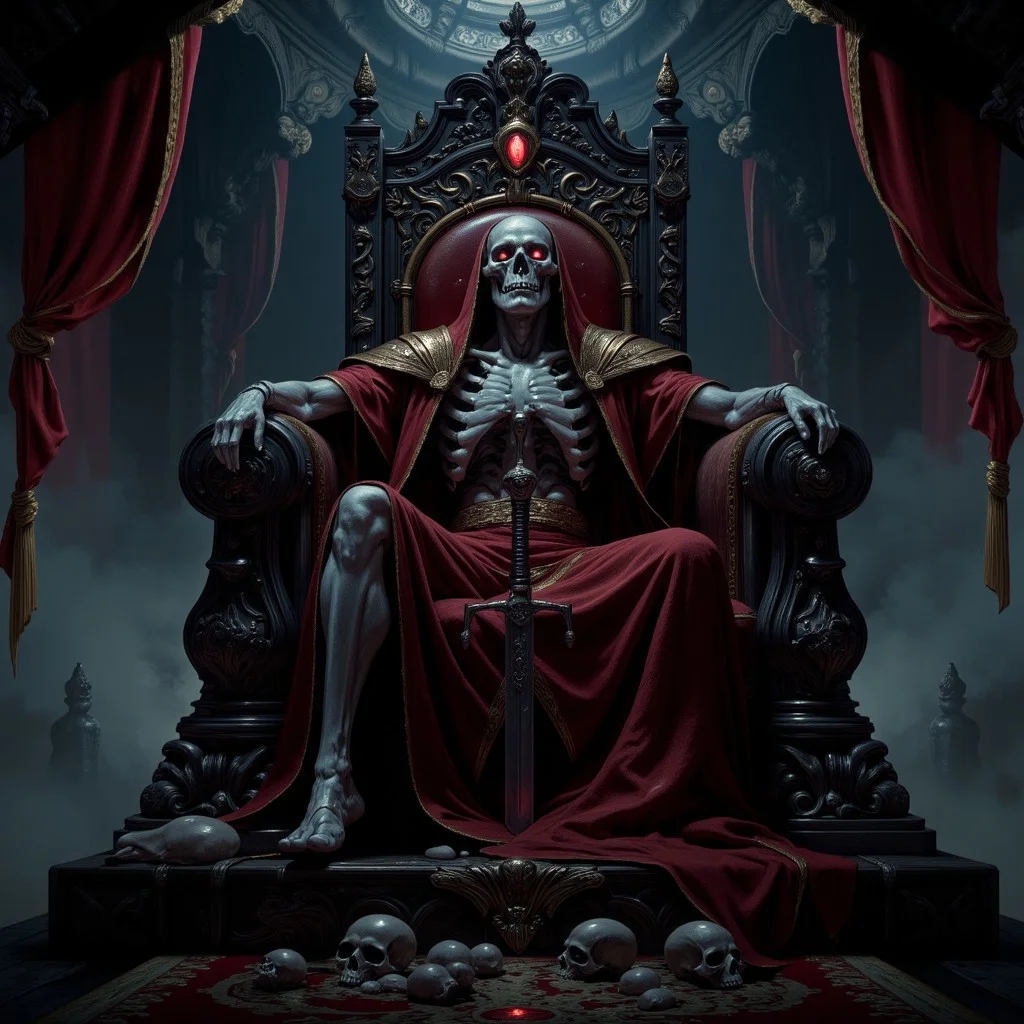 This dark fantasy image features a skeleton king sitting on his throne, He has a red glowing emerald on his right eye and he is wearing a red kings robes, he is laying on his throne and his whole body is tubes rising above ceiling, he has a giant sword on his lap, his giant throne standing over skulls with lots of other details, giving it to a scary image, whole image captures a dark gothic scene from a fantasy novel, image taken from front, aidmaGlow, aidmaimageupgrader