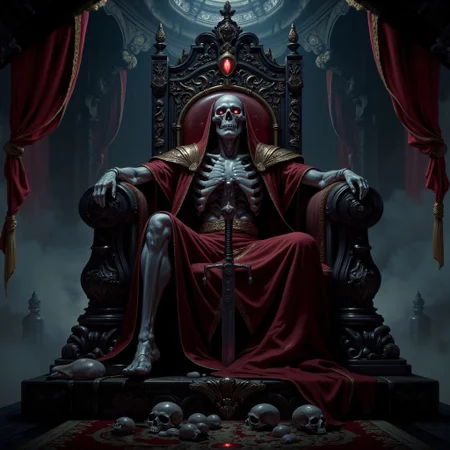 This dark fantasy image features a skeleton king sitting on his throne, He has a red glowing emerald on his right eye and he is wearing a red kings robes, he is laying on his throne and his whole body is tubes rising above ceiling, he has a giant sword on his lap, his giant throne standing over skulls with lots of other details, giving it to a scary image, whole image captures a dark gothic scene from a fantasy novel, image taken from front, aidmaGlow, aidmaimageupgrader