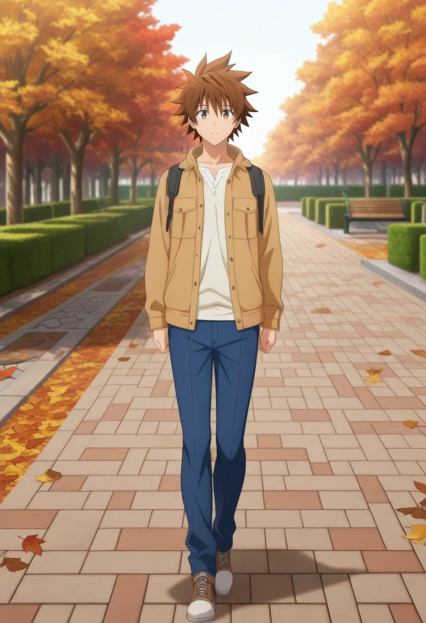 masterpiece, best quality, intricate details, anime screencap, , official style, looking at viewer, 1boy, solo, male focus, <lora:rito_yuuki_ilxl:0.94>, rito_yuuki, brown hair, brown eyes, spiked hair, autumn park, fallen leaves, stone paths, park benches, walking pose, content expression, golden hour,