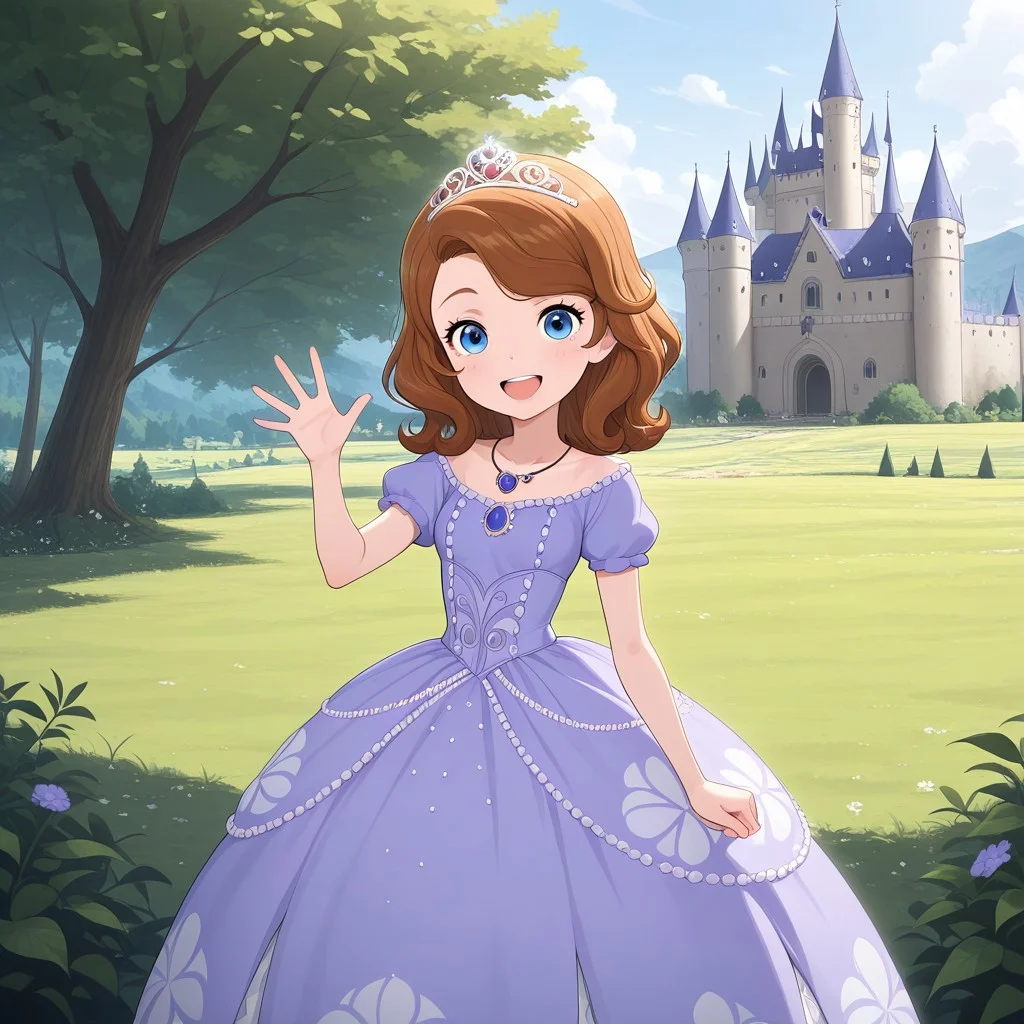 masterpiece, best quality, break, sofia_tf, brown hair, blue eyes, tiara, dress, necklace, waving, looking at viewer, outdoors, natural lighting, castle