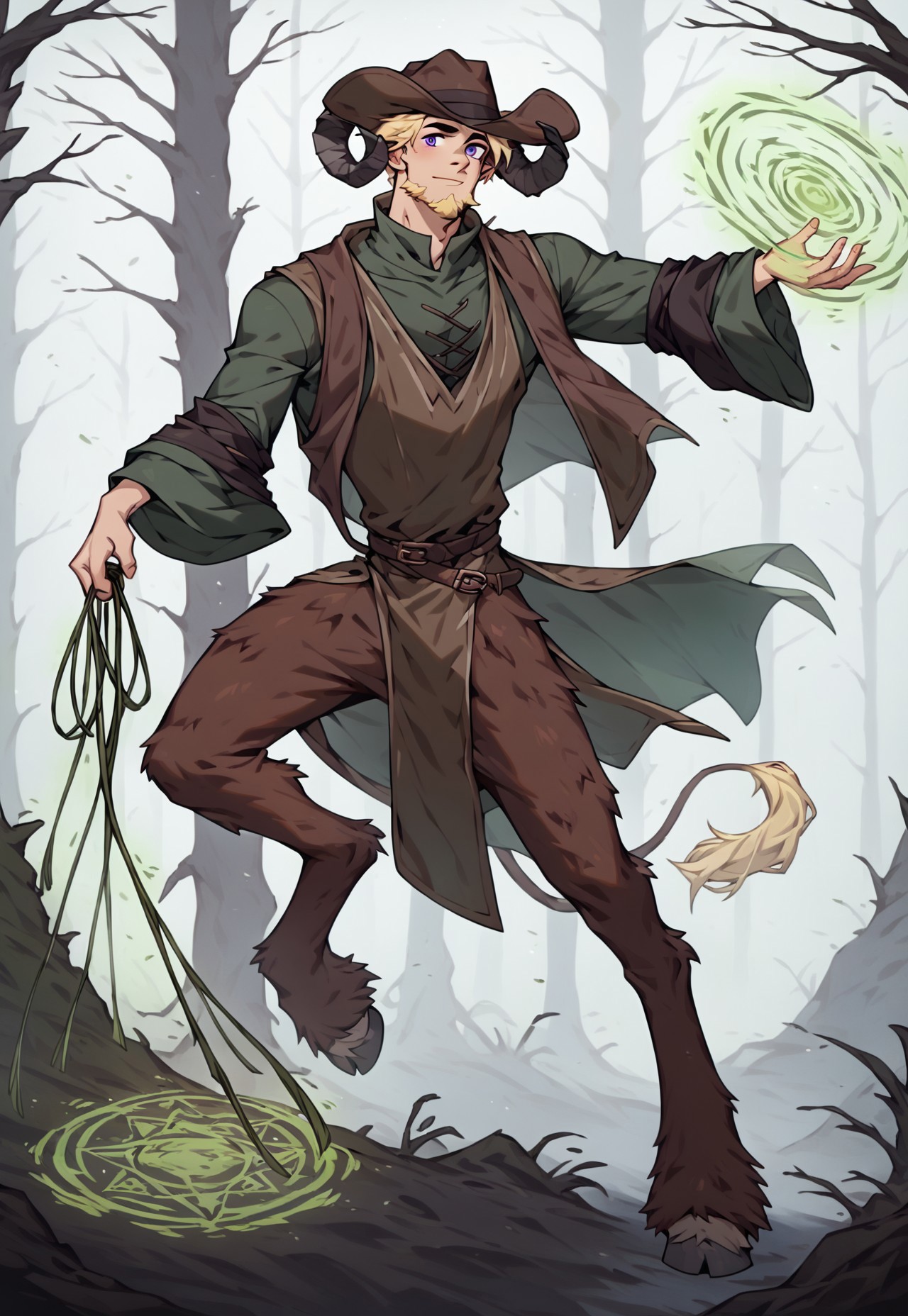 score_9_up, score_8_up, score_7_up, 1man, solo, extremely handsome, satyr, faun, (((long brown curled ram horns, ram horns))), 30yo, male focus, manly, dark royal purple eyes, <lora:PerfectEyesXL:1.0> perfecteyes, slight smirk, mouth closed, ((short straw blonde hair, clipped sides, sideburns, goatee)), very masculine human face with deep lines and creases, strong jawline with high strong cheekbones, chiseled chin, thin lean frame, slim lean body, light hairy arms, thick ram legs, hooves, ((1 lion tail with yellow tuft at end)), long goat ears, fur on legs, tan brown fur, (((country style clothing, high collar, wearing long dark green and dark brown robes with long wide sleeves, billowing dark green and dark brown robes, flowing dark green and dark brown robes, vested shirt under robes))), ((((dark green long wide oversized wizard sleeves)))), (((((wild west outlaws style, brown leather, wearing long dark brown vest,))))), ((((wearing dark brown large wide-brimmed cowboy hat,)))), cowboy, long flowing forest green loincloth of leaves, full body, tree roots, cinematic lighting, sunlit hazy woods of giant tree trunks with sunbeams, foggy sunlit forest of giant trees, ((action shot, right hand gripping single stranded green whip dragging ground, whipping ground)), ((left hand casting spell, runemagic, green magic spell)), charging, leaning forward, shaved chest