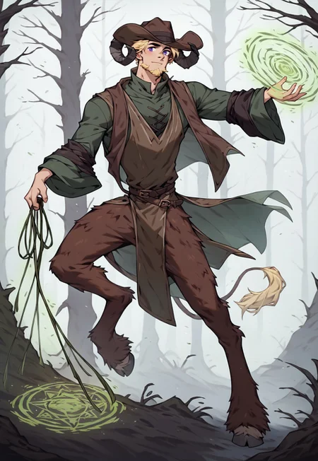 score_9_up, score_8_up, score_7_up, 1man, solo, extremely handsome, satyr, faun, (((long brown curled ram horns, ram horns))), 30yo, male focus, manly, dark royal purple eyes, <lora:PerfectEyesXL:1.0> perfecteyes, slight smirk, mouth closed, ((short straw blonde hair, clipped sides, sideburns, goatee)), very masculine human face with deep lines and creases, strong jawline with high strong cheekbones, chiseled chin, thin lean frame, slim lean body, light hairy arms, thick ram legs, hooves, ((1 lion tail with yellow tuft at end)), long goat ears, fur on legs, tan brown fur, (((country style clothing, high collar, wearing long dark green and dark brown robes with long wide sleeves, billowing dark green and dark brown robes, flowing dark green and dark brown robes, vested shirt under robes))), ((((dark green long wide oversized wizard sleeves)))), (((((wild west outlaws style, brown leather, wearing long dark brown vest,))))), ((((wearing dark brown large wide-brimmed cowboy hat,)))), cowboy, long flowing forest green loincloth of leaves, full body, tree roots, cinematic lighting, sunlit hazy woods of giant tree trunks with sunbeams, foggy sunlit forest of giant trees, ((action shot, right hand gripping single stranded green whip dragging ground, whipping ground)), ((left hand casting spell, runemagic, green magic spell)), charging, leaning forward, shaved chest
