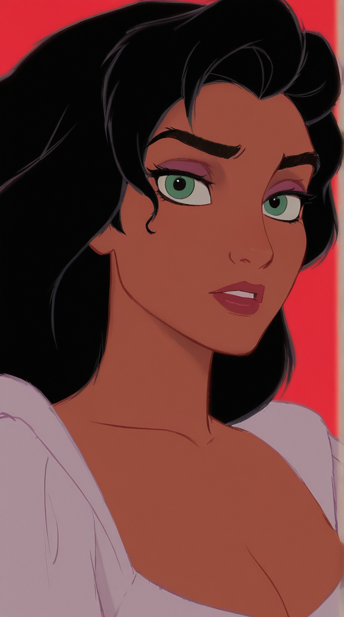 disney animation,
best quality, amazing quality,
1girl, in white shirt, upper body, esmeralda \(disney\),  looking at viewer, green eyes, red simple background
<lora:Disney_Animation_v5-V7:1>âââ
