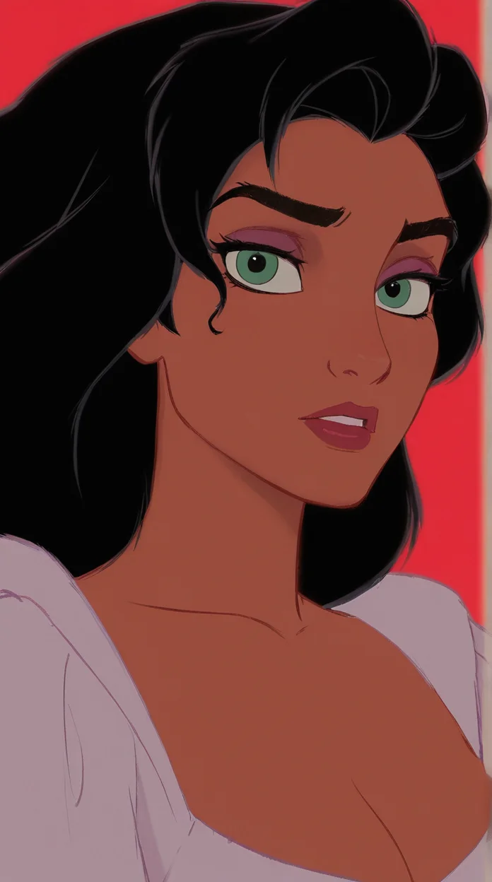disney animation,
best quality, amazing quality,
1girl, in white shirt, upper body, esmeralda \(disney\), looking at viewer, green eyes, red simple background
<lora:Disney_Animation_v5-V7:1>âââ