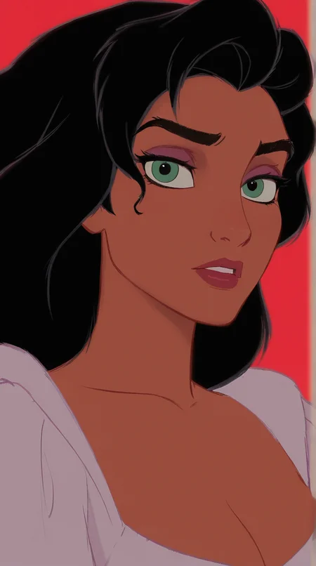 disney animation,
best quality, amazing quality,
1girl, in white shirt, upper body, esmeralda \(disney\), looking at viewer, green eyes, red simple background
<lora:Disney_Animation_v5-V7:1>âââ