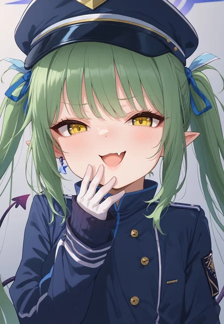 score_9, score_7_up, perfect face, high detail BREAK 1girl, close-up, nozomi \(blue archive\), nozomi (blue archive), blue archive, peaked cap, green hair, twintails, yellow eyes, pointy ears, earrings, white gloves, blue uniform, demon tail, looking at viewer, mesugaki, smug, skin fang, hand to own mouth