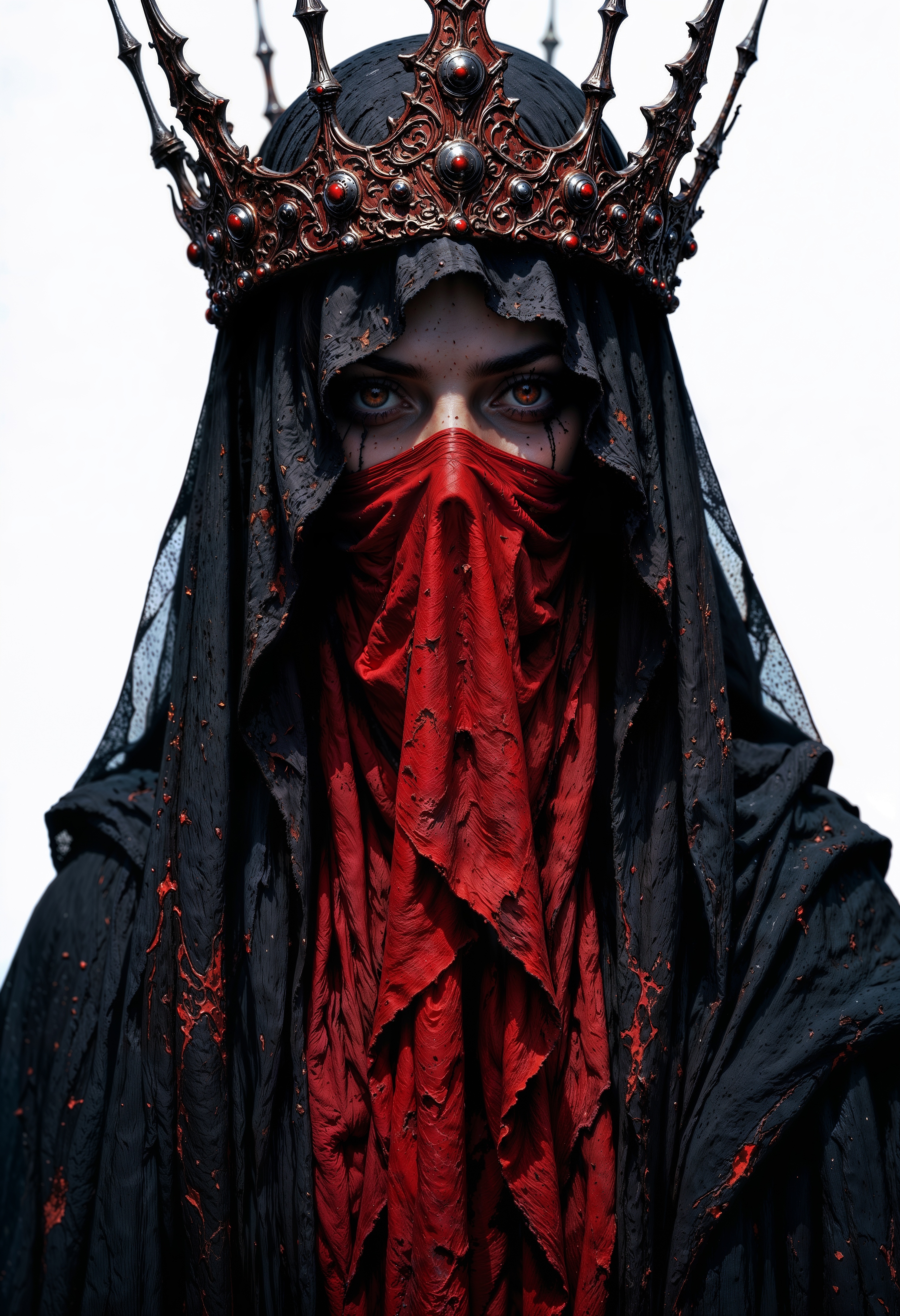 A dark, gothic portrait of a mysterious figure draped in a flowing black veil. The subject wears a red ornate crown adorned with small sharp spikes, giving a celestial yet eerie presence. The background is white solid, enhancing the contrast between the red fabric and the metallic crown. The lighting is dramatic, softly illuminating the veiled face while casting shadows that add to the enigmatic and religiously symbolic atmosphere. The aesthetic is reminiscent of dark baroque or gothic art, evoking themes of mysticism, divinity, and the macabre, HD QUALITY.