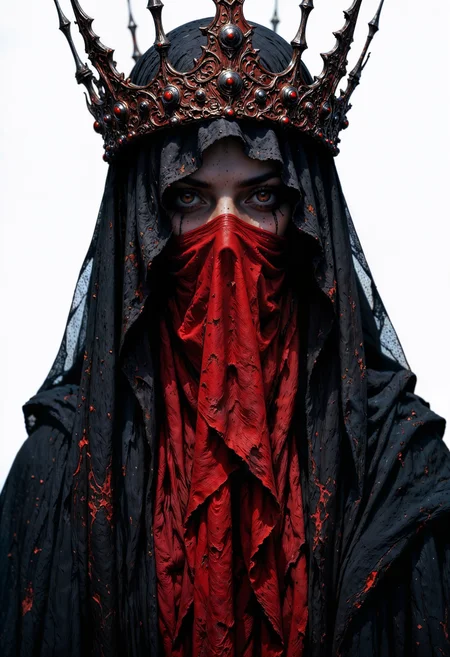 A dark, gothic portrait of a mysterious figure draped in a flowing black veil. The subject wears a red ornate crown adorned with small sharp spikes, giving a celestial yet eerie presence. The background is white solid, enhancing the contrast between the red fabric and the metallic crown. The lighting is dramatic, softly illuminating the veiled face while casting shadows that add to the enigmatic and religiously symbolic atmosphere. The aesthetic is reminiscent of dark baroque or gothic art, evoking themes of mysticism, divinity, and the macabre, HD QUALITY.