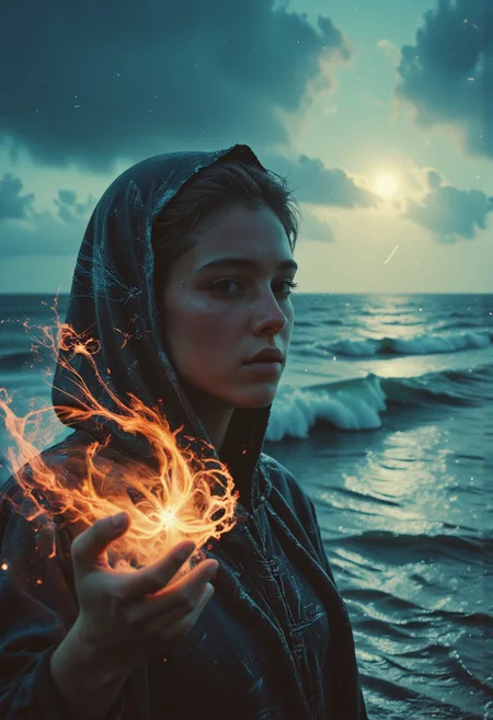 Vibrant Colorful Realistic analog photo, very detailed, hyper detailed, photorealistic, hyperdetailed, uhd, 4k, the focus of the image is on the witch, extreme closeup Face Portrait, extreme face closeup, head focus, Realistic analog photo, awesome, high Quality, photorealistic, atmospheric lighting, volumetric lighting, cinematic, Epic Film Quality, A buxom witch stands in the midst of a ferocious blueish waterstorm amidst a ocean night, sideboob, her tattered robe barely clinging to her body, revealing glimpses of her sweat-slicked skin. With one hand raised, she conjures a colossal, ancient desolate evil skeleton Warrior from the waves and swirling water, its ethereal ghostly form towering above, terrifying and awe-inspiring. The hkmagic witch’s face is shrouded in the shadows of her hood, adding an air of dark mystery. The colorful Flower meadow landscape around her is cloaked in a dusty, dystopian atmosphere, with the sun obscured by the storm. The only light breaking through the chaos is the glowing DARK turquoise and orange/red aura of her powerful spell, casting an eerie illumination over the scene.