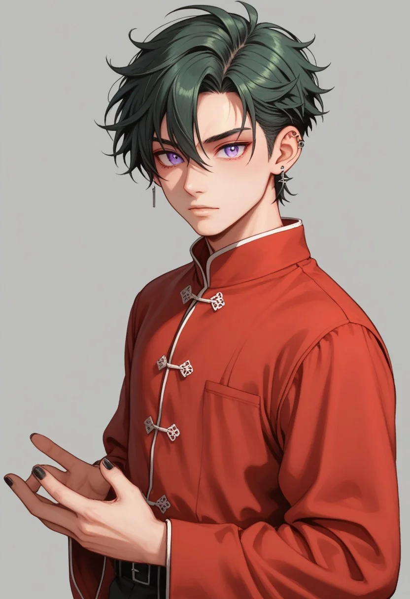 score_9, score_8_up, score_7_up, rating safe, 8k portrait, 1 boy,solo, full body, cowboy shot, male focus, AntherimA, purple eyes, slit pupils, dark green hair, hair between eyes, asymmetrical hair parting, light_red_eyeshadow, ((1_earstud_left_side)), 20 years old, mianguan, chinese_royal, dynamic pose, chinese_clothing, red clothing, black waistband, long flowing fabrics, black layered clothing, hands in sleeves,arms in front of , black nail varnish, highly detailed, professional photography, masterpiece, (finely detailed beautiful eyes: 1.2), hdr, black_monochrome_background
