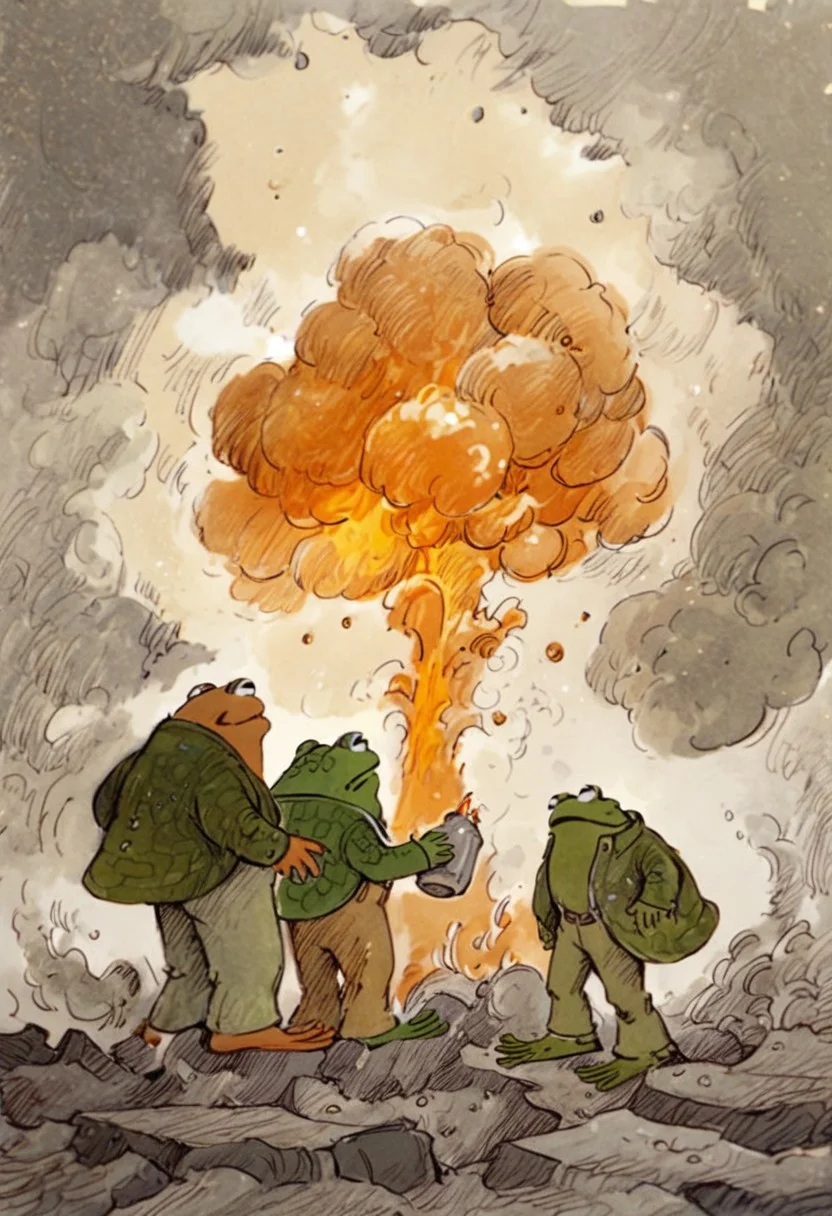score_9, score_8_up, score_7_up, Frog and Toad, 2boys, nuclear explosion, illustration by Lobel