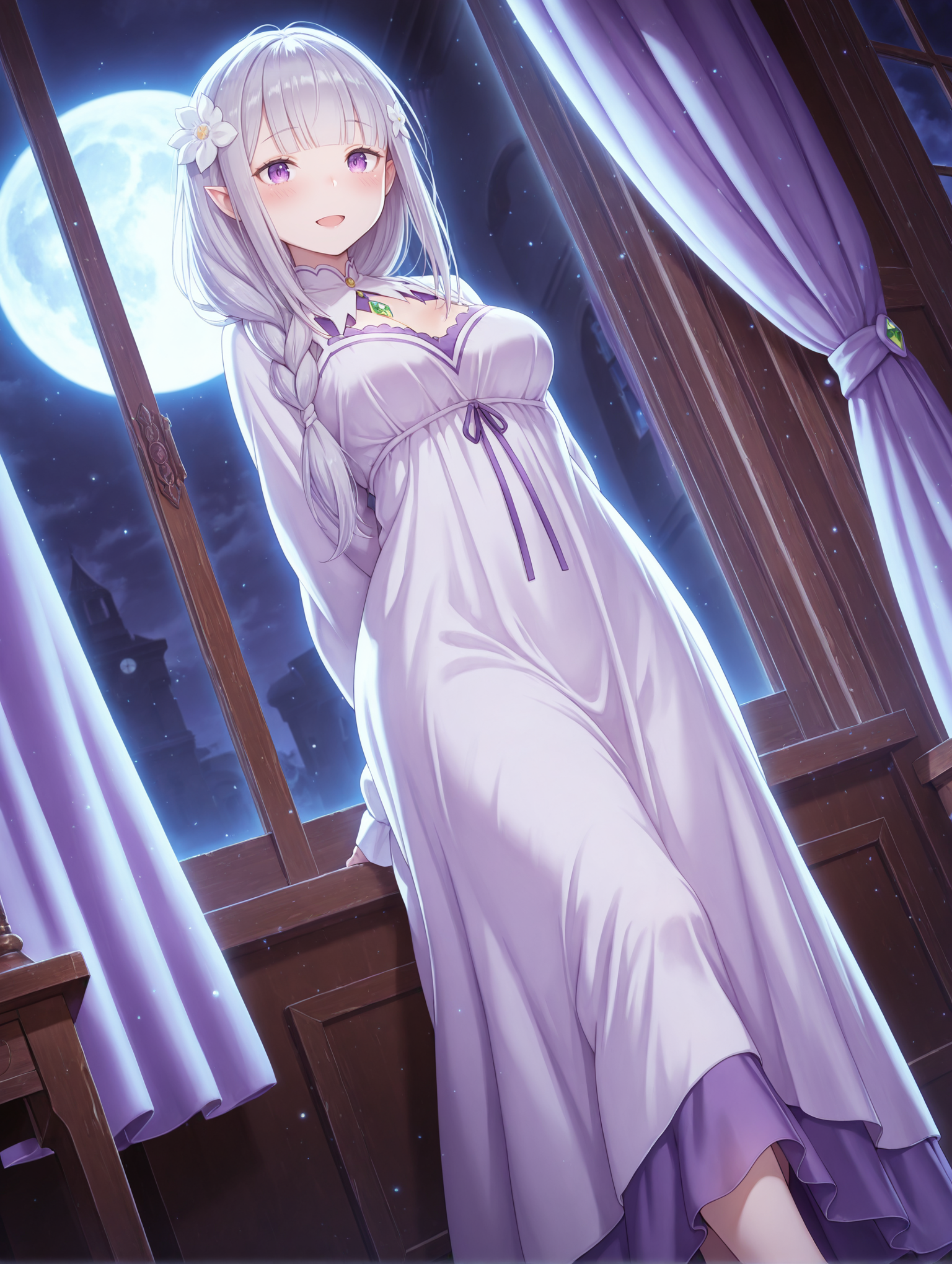 <lora:Emilia Illu:1>1girl, solo,
em1lia, 1girl, blunt bangs, full moon, purple eyes, night sky, long dress, window, hair flower, standing, indoors, curtains, closed smile, purple footwear, grey hair, moonlight, looking at viewer, blush, dutch angle, feet out of frame, hair over shoulder, braid, hair ornament, gem, pointy ears, light particles, robe, white dress, :d, white flower, pumps, purple dress, elf, green gemstone, breasts, jewelry, nightgown, hands behind back, 
 <lora:cfg_scale_boost:1>, masterpiece, best quality, amazing quality