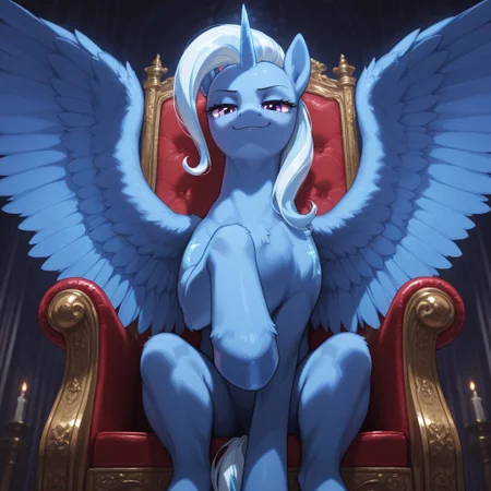 (masterpiece, best quality, very aesthetic, absurdres, vibrant saturated colors, volumetric lighting), BREAK,
background, castle, BREAK
Front view, Solo, sitting on throne, female, trixie-lulamoon, pony, alicorn, (large feathered wings), spread wings, blue fur, long hair, (feral, quadruped:1.3), muscular legs, tail, low angle view, close up, looming, detailed body fur, detailed fur, feminine pose, smug smile, seductive look, looking at viewer