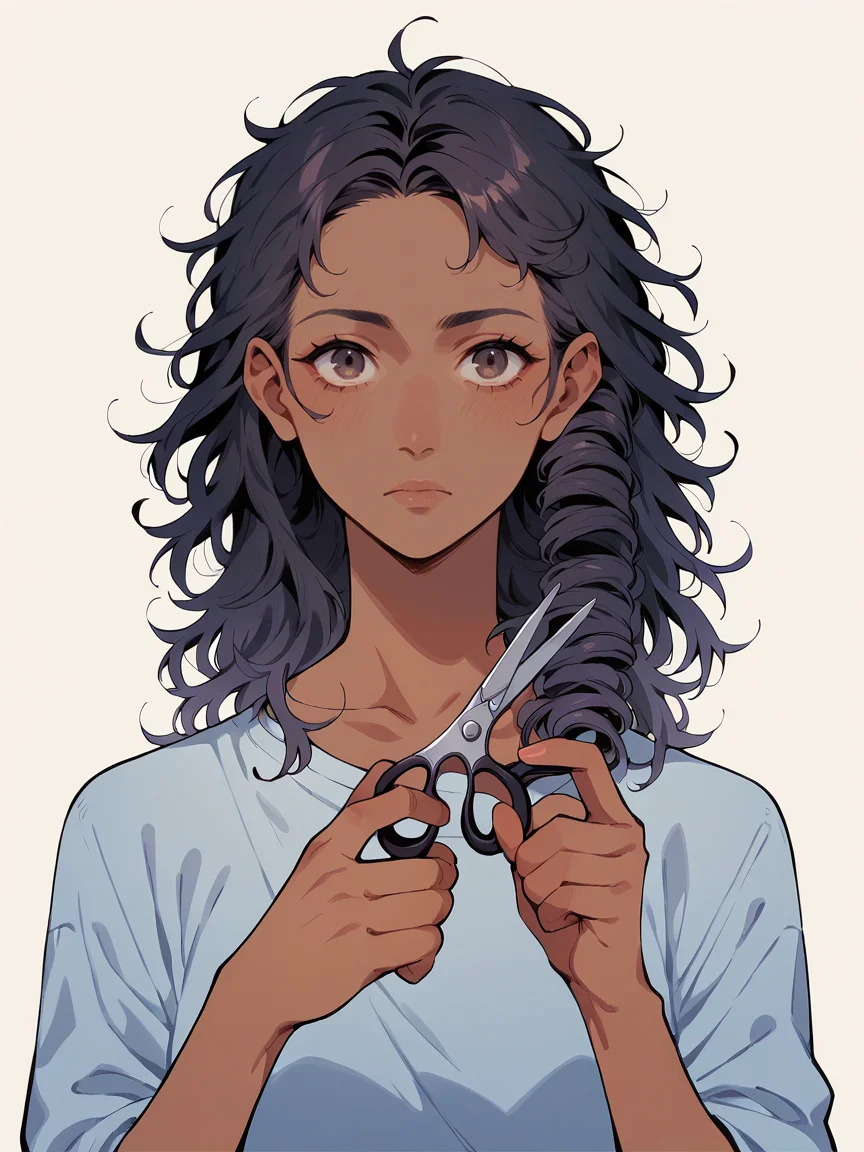 score_9, score_8_up, score_7_up, score_6_up,   <lora:cuth41r2:1> cutting hair, cuth41r, haircut, cut off hair, cutting hair, holding scissors, 1girl, long hair, curls, ombre hair, pink, dark skin.