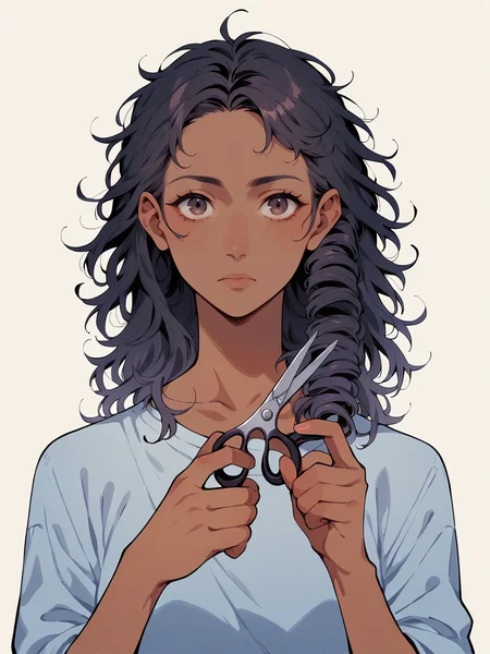 score_9, score_8_up, score_7_up, score_6_up,   <lora:cuth41r2:1> cutting hair, cuth41r, haircut, cut off hair, cutting hair, holding scissors, 1girl, long hair, curls, ombre hair, pink, dark skin.