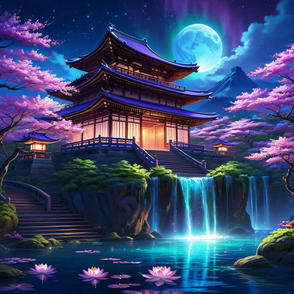 night, stars, Northern lights, Japanese estate, ancient Asian city, waterfalls, Japanese ancient royal purple palace, floating islands, Lotus Pier, blooming magic lotuses in the water, blooming sakura, wisteria, neon anime art, realistic, HD, 8K