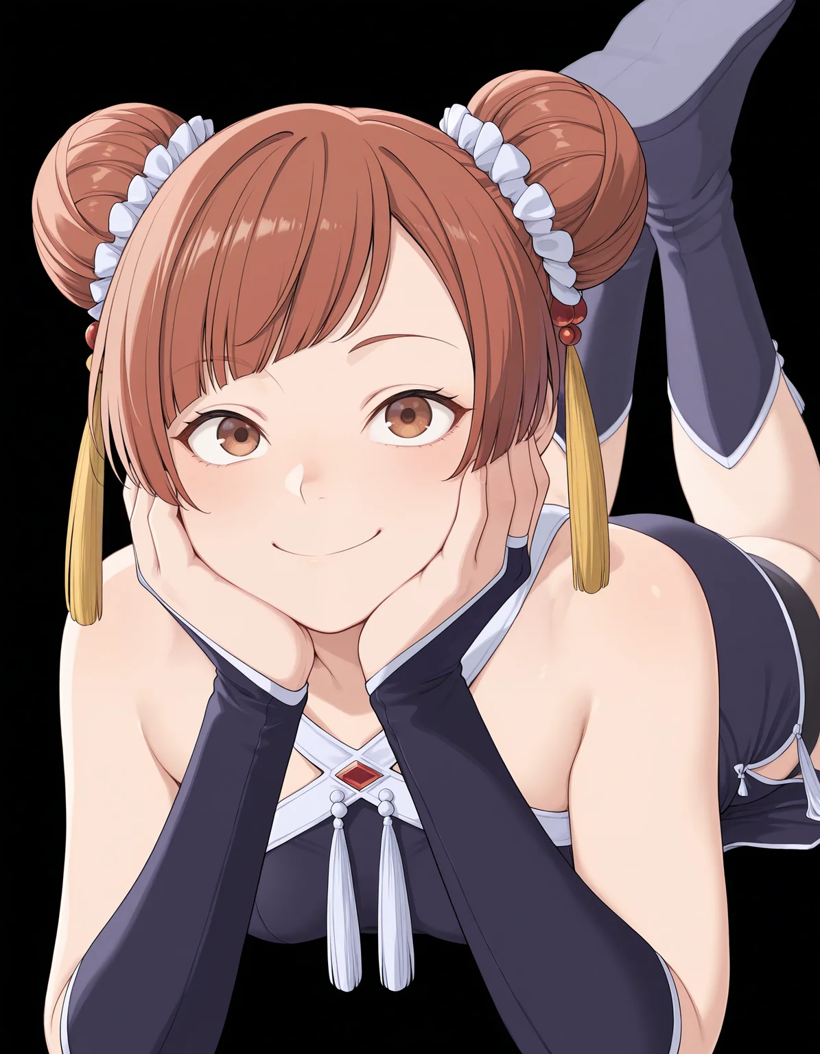 <lora:Laufen_1:1>1girl, solo,
lauf3n, hair bun, double bun, brown eyes, brown hair, swept bangs,
lauf3ndef, criss-cross halter, red gemstone, tassel hair ornament, bare shoulders, shorts under dress, black bike shorts, china dress, bridal gauntlets, blue boots,
on front, feet up, hands on face, smile,
black background, simple background,
small breasts,, masterpiece, best quality, amazing quality