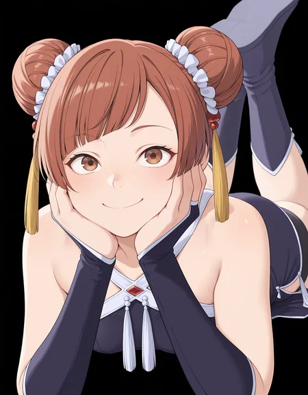 <lora:Laufen_1:1>1girl, solo,
lauf3n, hair bun, double bun, brown eyes, brown hair, swept bangs,
lauf3ndef, criss-cross halter, red gemstone, tassel hair ornament, bare shoulders, shorts under dress, black bike shorts, china dress, bridal gauntlets, blue boots,
on front, feet up, hands on face, smile,
black background, simple background,
small breasts,, masterpiece, best quality, amazing quality