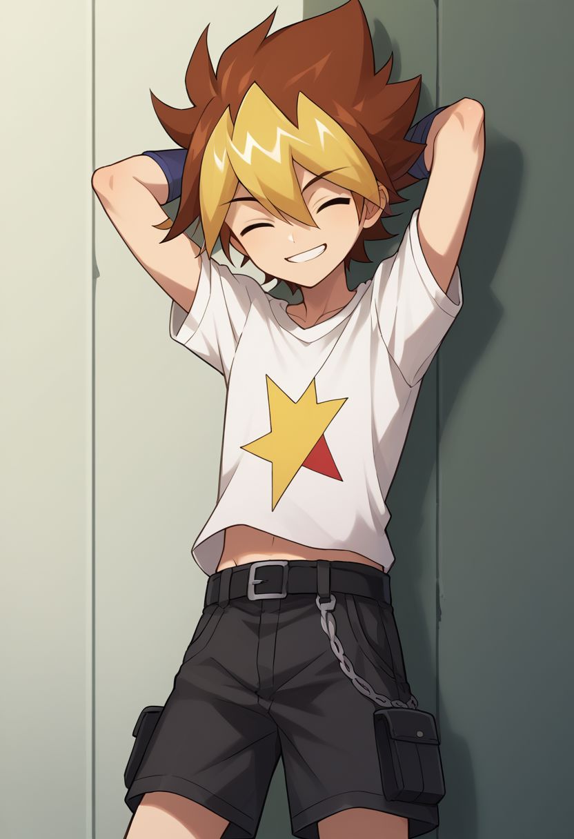 score_9, score_8_up, source_anime, highly detailed, skinny, cute,
yuga, 1boy, male focus, gloves, solo, smile, fingerless gloves, shorts, multicolored hair, shirt, brown hair,
hair between eyes, print shirt, white shirt,
outdoor, hands behind head, closed eyes,