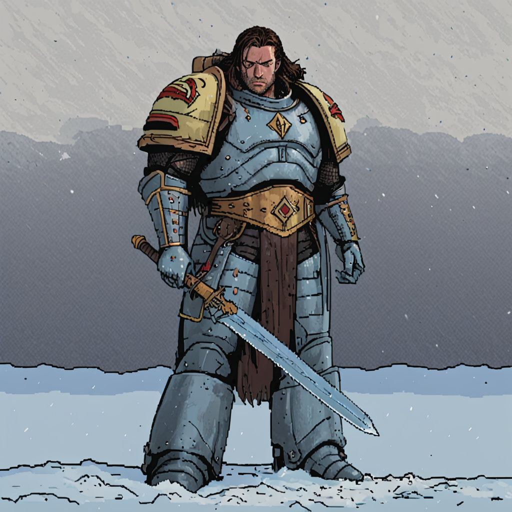 a spcwlf man in armor holding a sword in the snow, side view,   ((pulp_comic, heavy_lines, hand_drawn, hand_inked, hand_colored, perfect_face, apxlz))