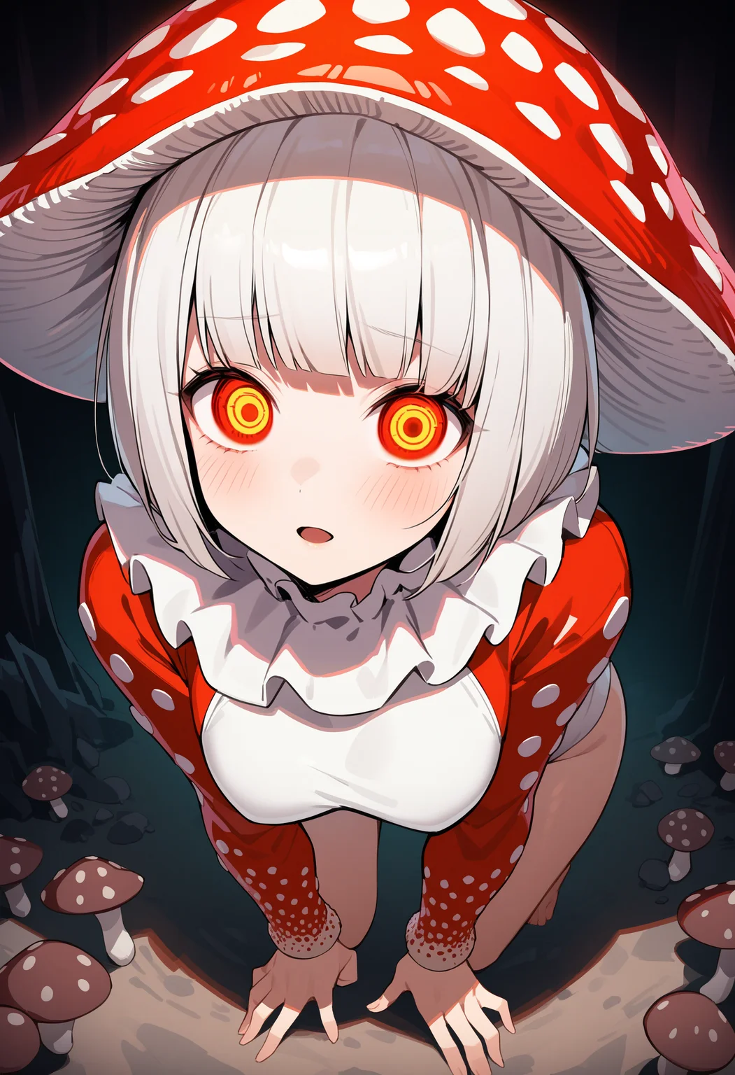 fly agaric, mushroom girl, 1girl, monster girl, mushroom, mushroom hat, open mouth, red eyes, glowing, glowing eyes, blush, bob cut, short hair, white hair, medium breasts, full body, inverted bob, leotard, long sleeves, neck ruff, white leotard, from above, close-up, kneeling, leaning forward, cave,
masterpiece, best quality, very aesthetic, absurdres
<lora:monmusu_plant_girl_ani_v13:1>