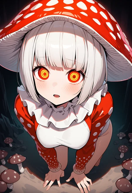 fly agaric, mushroom girl, 1girl, monster girl, mushroom, mushroom hat, open mouth, red eyes, glowing, glowing eyes, blush, bob cut, short hair, white hair, medium breasts, full body, inverted bob, leotard, long sleeves, neck ruff, white leotard, from above, close-up, kneeling, leaning forward, cave,
masterpiece, best quality, very aesthetic, absurdres
<lora:monmusu_plant_girl_ani_v13:1>