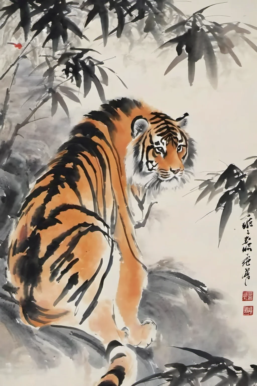 chinese ink painting, traditional media, liujiyou,tiger, forest, no human <lora:liujiyou-000008:0.8>