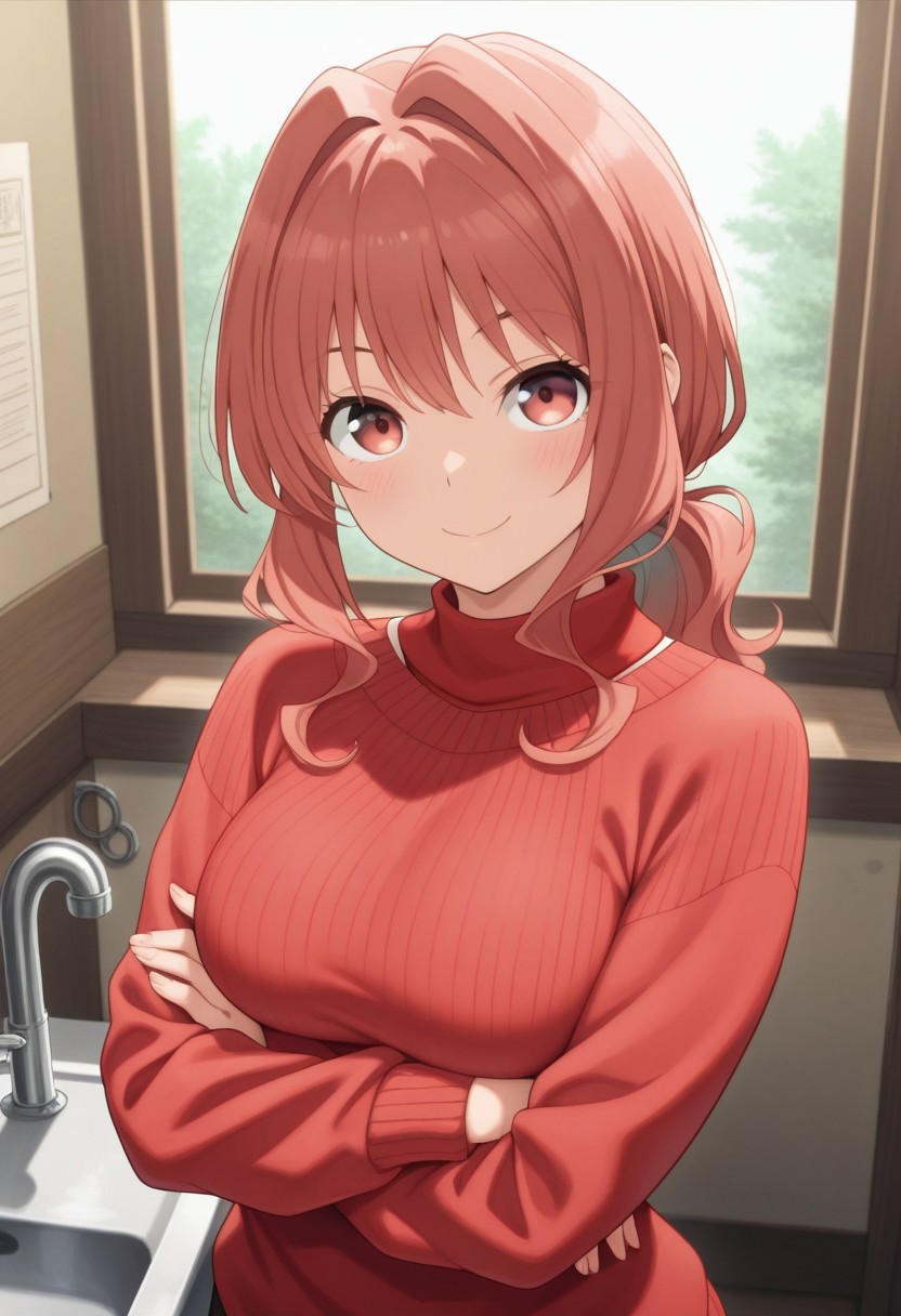 masterpiece,best quality,amazing quality, yuna amagami, coral hair, long hair, red eyes, 1girl, solo, crossed arms, smile, sweater, sink, looking at viewer, ponytail, red sweater, indoors, upper body, hair intakes