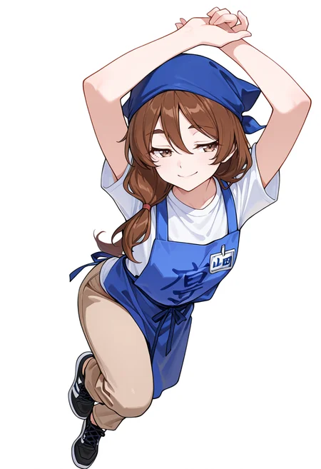 masterpiece,high quality details, absurdres,
<lora:Natsuno_Yamada:0.8>
natsuno_cnr, 1girl, brown hair, long hair, hair between eyes, brown eyes, thick eyebrows,low-tied long hair,
employee uniform, white shirt, short sleeves,blue apron,brown pants, blue headwear,black sneakers, clothes writing,, simple background, white background, dynamic angle,solo,, fingersmile,seductive smile,, slight side bend,arms raised above head,opposite leg lifted backward,
